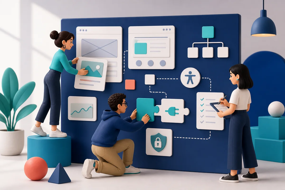 Equipo organizando objetivos, contenidos, integraciones y controles de un proyecto web a medida