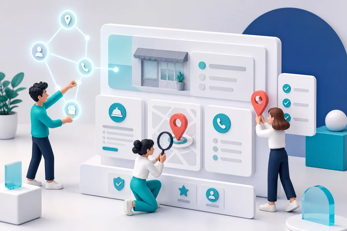 Equipo revisando bloques semánticos, ubicación y servicios de una página local
