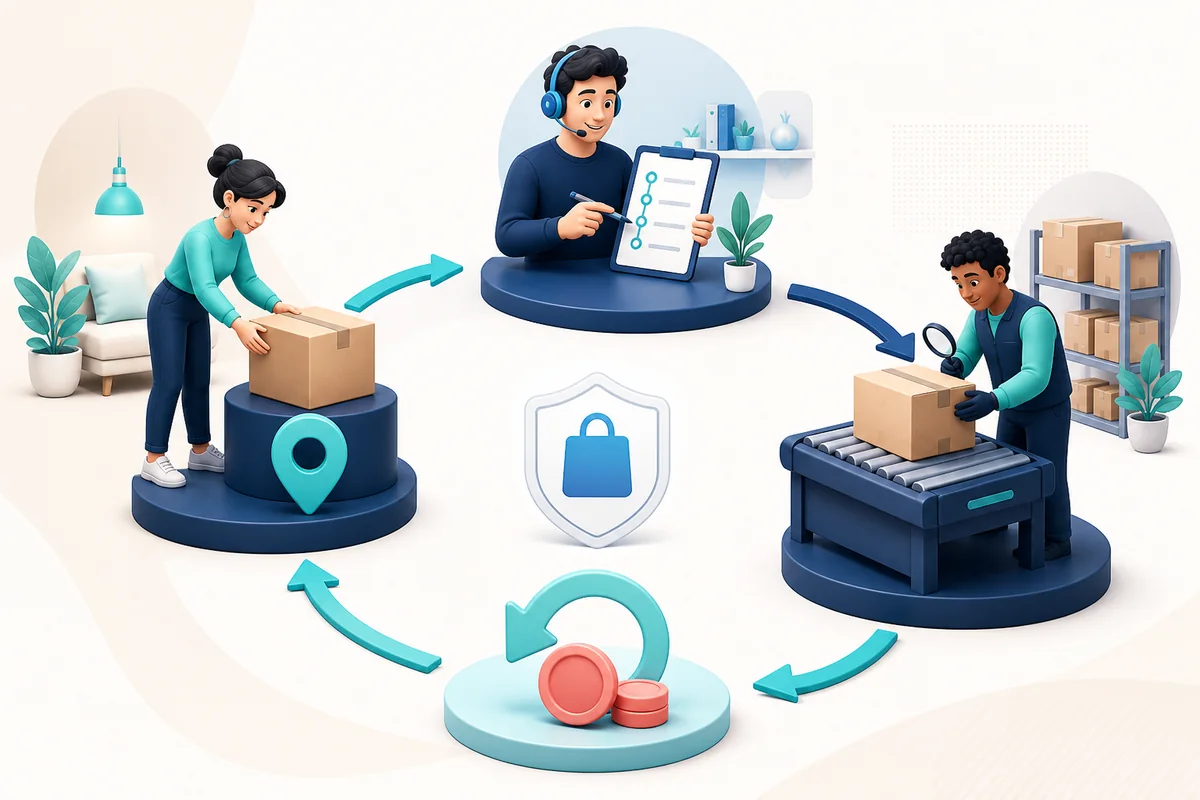 Equipo coordinando la solicitud, revisión y reembolso de una devolución de ecommerce