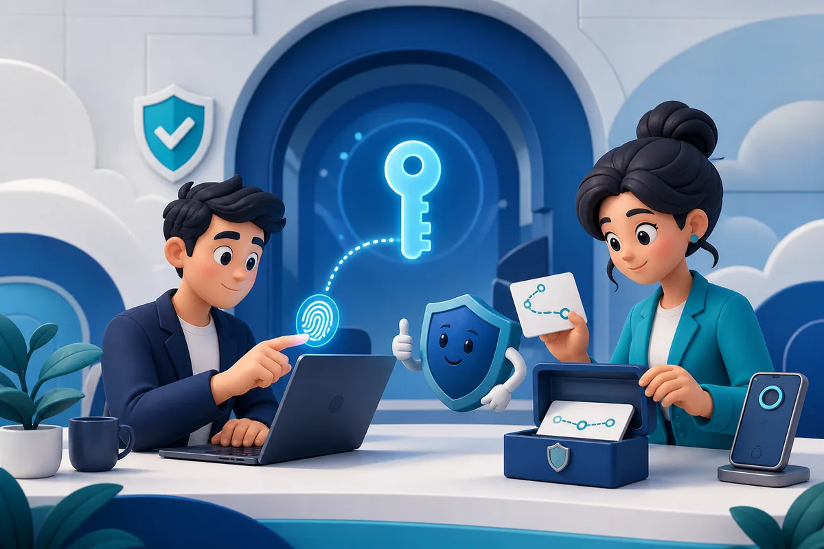 Equipo preparando un acceso con passkey, verificación biométrica y recuperación de cuenta