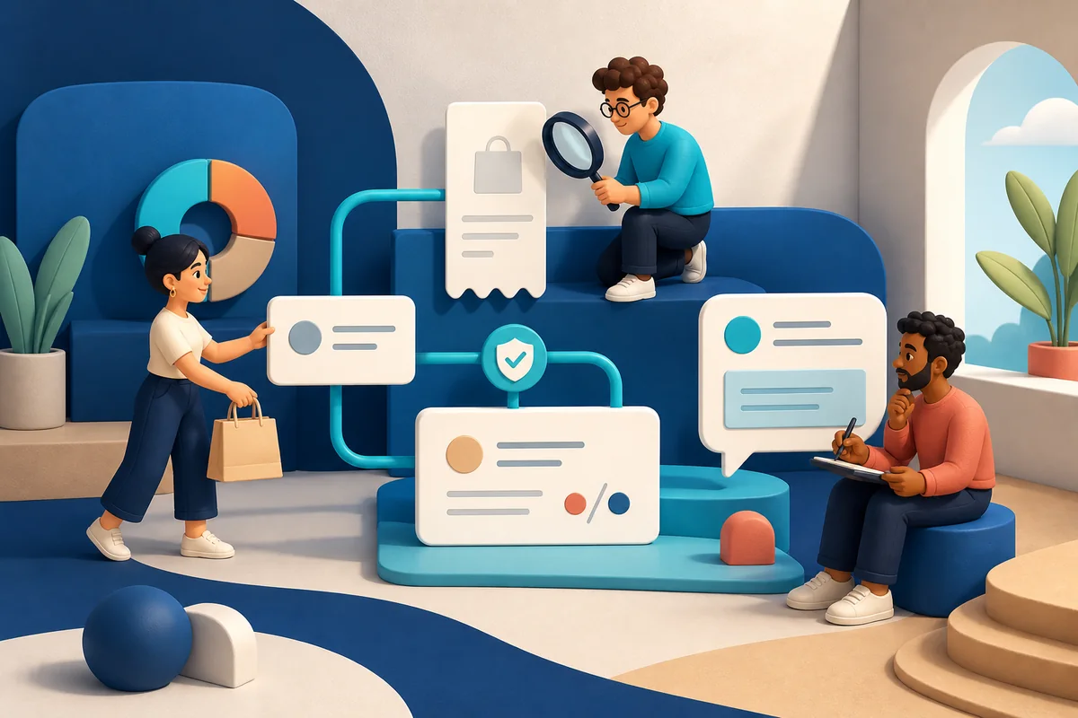 Equipo organizando un proceso transparente para solicitar, verificar y responder reseñas reales
