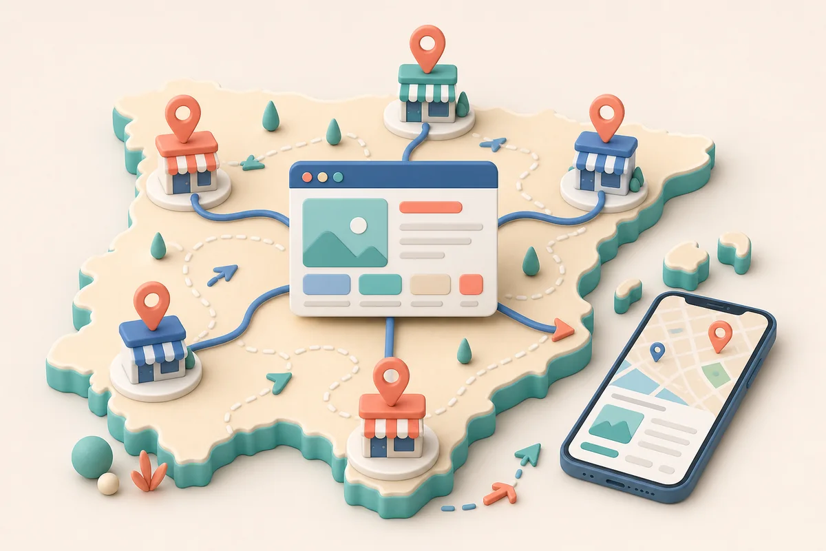 Mapa de España con varias sedes conectadas a una web y una búsqueda local móvil