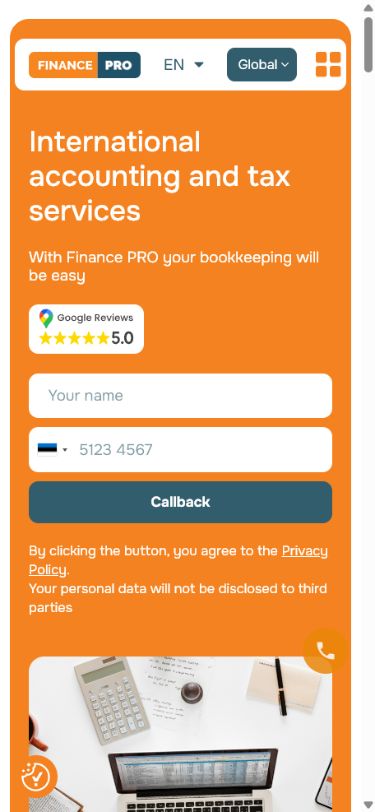 Vista móvil del sitio web de contabilidad internacional de FPRO
