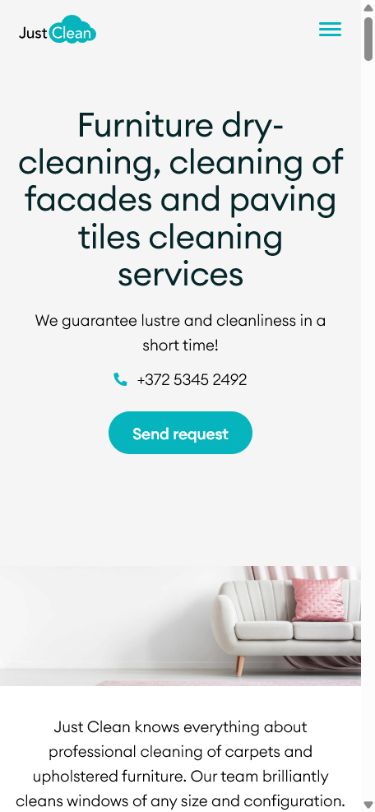 Vista móvil del sitio web de servicios de limpieza JustClean